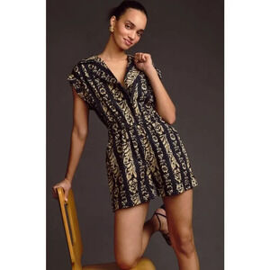 Tiny Anthropologie Ella Romper in Blue Motif Size M Tribal Print in Navy Beige